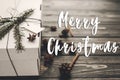 Merry christmas text sign, greeting card. stylish rustic gift bo Royalty Free Stock Photo