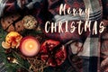 Merry christmas text sign on stylish christmas flat lay with can Royalty Free Stock Photo