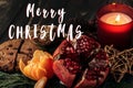 Merry christmas text sign on stylish rustic wallpaper candle g