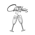 Merry Christmas text. Two glasses of champagne. Retro style vector illustration. Royalty Free Stock Photo