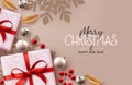 Merry christmas text vector background design. Christmas elements gifts and snowflakes in elegant invitation greeting card. Royalty Free Stock Photo
