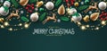 Merry christmas text vector background design. Christmas elements decorations like snowman, holly berry, xmas balls and lights