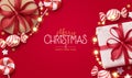 Merry christmas text vector design background. Christmas gifts, candies and lights element decoration