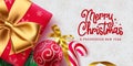 Merry christmas text vector design. Christmas greeting card with red gift box and gold ribbon Royalty Free Stock Photo