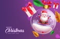 Merry christmas text vector design. Christmas santa claus in crystal glass xmas ball Royalty Free Stock Photo