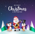 Merry christmas text vector design. Christmas santa claus and penguins characters Royalty Free Stock Photo