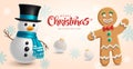 Merry christmas text vector design. Christmas snow man and ginger bread characters