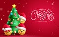 Merry christmas text vector design. Christmas pine tree ornaments with smileys and emojis