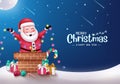 Merry christmas text vector design. Christmas santa claus character in roof top chimney Royalty Free Stock Photo