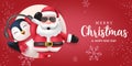 Merry christmas text vector design. Christmas santa claus and penguin characters Royalty Free Stock Photo
