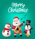Merry christmas text vector design. Christmas santa claus, snow man and penguin characters holding guitar Royalty Free Stock Photo