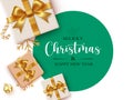 Merry christmas text vector template. Christmas greeting in green circle space for typography with gifts boxes Royalty Free Stock Photo