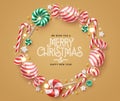 Merry christmas text vector template design. Christmas candy sweets and xmas lights ornament