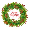Merry christmas text with watercolor wreath of fir branches