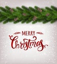 Merry Christmas text on white shiny background with garland of Christmas tree branches, snowflakes, stars. Xmas and New Year card Royalty Free Stock Photo