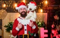 Merry Christmas to you. happy bearded man with bear. new year gifts. christmas decoration. santa claus hold teddy bear Royalty Free Stock Photo