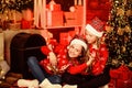 Merry Christmas to you. sisters spend family holiday. Thank you dear santa. They love Christmas. merry christmas Royalty Free Stock Photo