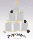 Photo frames Christmas tree. vertical photo frames with shiny balls and beads. Merry Christmas and Happy New Year text. Vector 3d