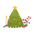 Merry christmas, tree candle and holly berry decoration, isolated design Royalty Free Stock Photo