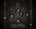 Merry Christmas Tree Flyer with Golden elegant baubles and glowing light stars Royalty Free Stock Photo