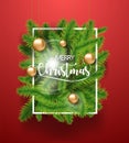 Merry Christmas tree green branches with gold bulb toys and white frame on red background. EPS Vector illustration. Royalty Free Stock Photo