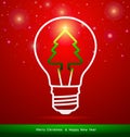 Merry Christmas tree in light bulb on red background Royalty Free Stock Photo