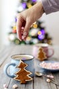 Merry Christmas! Christmas tree-shaped gingerbread cookie near cups of cocoa and marshmallows. Beautiful blurred christmas tree