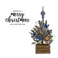 Merry Christmas tree in wood crate, decorated with baubles, stars, garland and typography greeting quote. Happy New Year