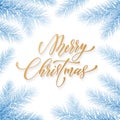 Merry Christmas trendy golden quote calligraphy font on blue frozen ice background for winter holiday design template. Vector Chri