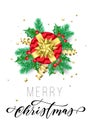 Merry Christmas trendy quote calligraphy on white premium background for winter holiday design template. Vector Christmas tree hol