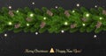 Merry Christmas Typographical on black background with garland of tree branches decorated with stars, lights, snowflakes. Royalty Free Stock Photo