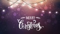 Merry Christmas Typographical on dark background with Xmas decorations glowing white garlands, light, stars.