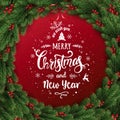 Merry Christmas Typographical on red background with Christmas wreath of tree branches, berries, lights, snowflakes. Royalty Free Stock Photo