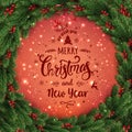 Merry Christmas Typographical on red background with Christmas wreath of tree branches, berries, lights, snowflakes. Royalty Free Stock Photo