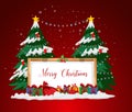 Merry Christmas Typographical on red background with tree branches, berries, gift boxes, stars, pine cones. Xmas and New Year Royalty Free Stock Photo