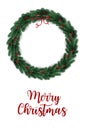 Merry Christmas Typographical On White Background With Christmas Wreath Of Tree Branches, Berries. Xmas Theme. Vector Illustration