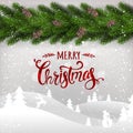 Merry Christmas typographical on white background with garland of Christmas tree branches, winter landscape, snowflakes, light, Royalty Free Stock Photo