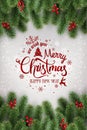 Merry Christmas Typographical on white background with tree branches decorated with berries, lights, snowflakes. Royalty Free Stock Photo