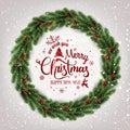 Merry Christmas Typographical on white background with Christmas wreath of tree branches, berries, lights, snowflakes Royalty Free Stock Photo