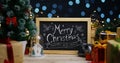 Merry Christmas Typography on Blackboard Between Christmas Decor