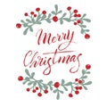 Merry Christmas typography cute card with decorative leaves. Traditional xmas holiday greeting banner. Modern lettering party