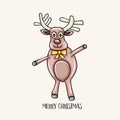 Merry Christmas typography. Funny dancing raindeer cartoon style