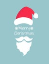 Merry christmas typography greeting card with christmas hat and santa claus white beard and moustache on blue background. Simple Royalty Free Stock Photo