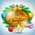 Merry Christmas Typography in Wooden Sign with Christmas Balls and Gifts Vector illustration