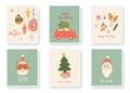 Merry Christmas unique hand drawn poster set. Santa, xmas tree, red car, gift box, balls. Happy Holiday card. Hand Royalty Free Stock Photo