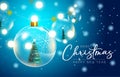 Merry christmas vector background design. Merry christmas greeting text with hanging crystal balls and pine tree elements. Royalty Free Stock Photo