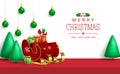 Merry christmas vector background design. Merry christmas greeting text in white space with santa`s sleigh, trees and gifts. Royalty Free Stock Photo