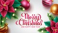 Merry christmas vector background design. Merry christmas and happy new year greeting text with xmas decoration like poinsettia. Royalty Free Stock Photo