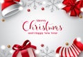 Merry christmas vector background design. Merry christmas and happy new year text in white space with red gifts, santa hat.