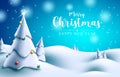 Merry christmas vector background design. Merry christmas text with fir tree and xmas balls decoration in outdoor snowy. Royalty Free Stock Photo